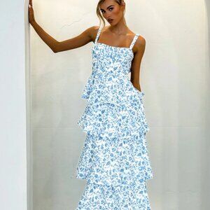 Selfie Leslie Provence Bloom Tiered Midi Dress Floral Blue - Size L